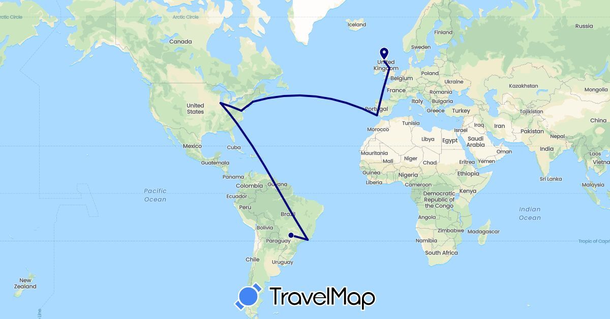 TravelMap itinerary: driving in Brazil, United Kingdom, Portugal, United States (Europe, North America, South America)